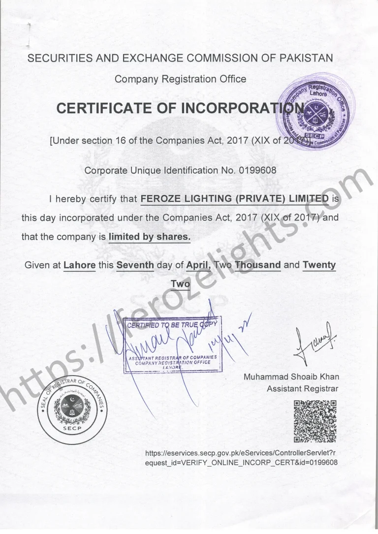 Feroze lighting PVT LTD - Certificate of Incorporation